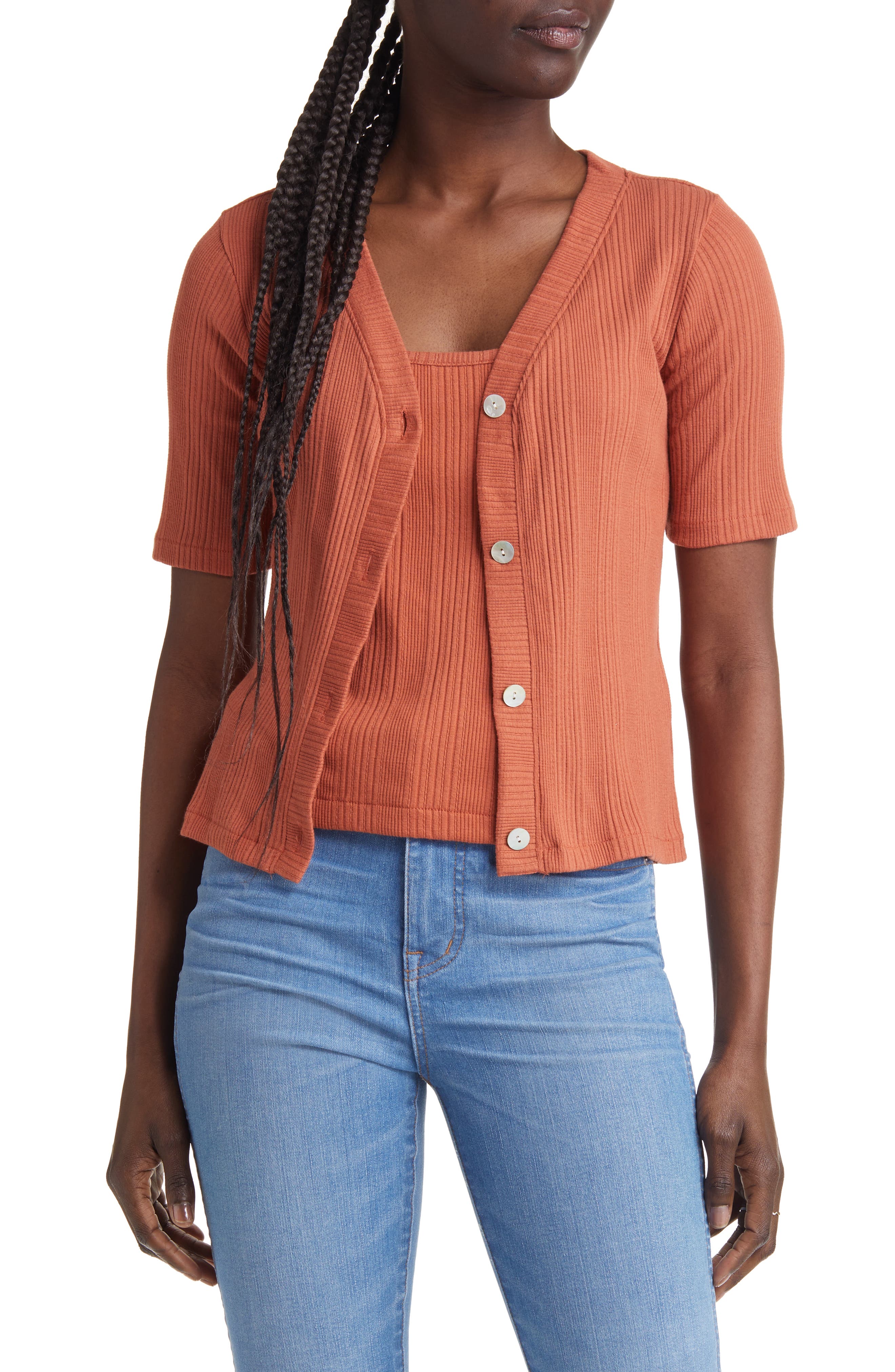 Madewell Pointelle Cardigan \u0026 Cami Set in Afterglow Red