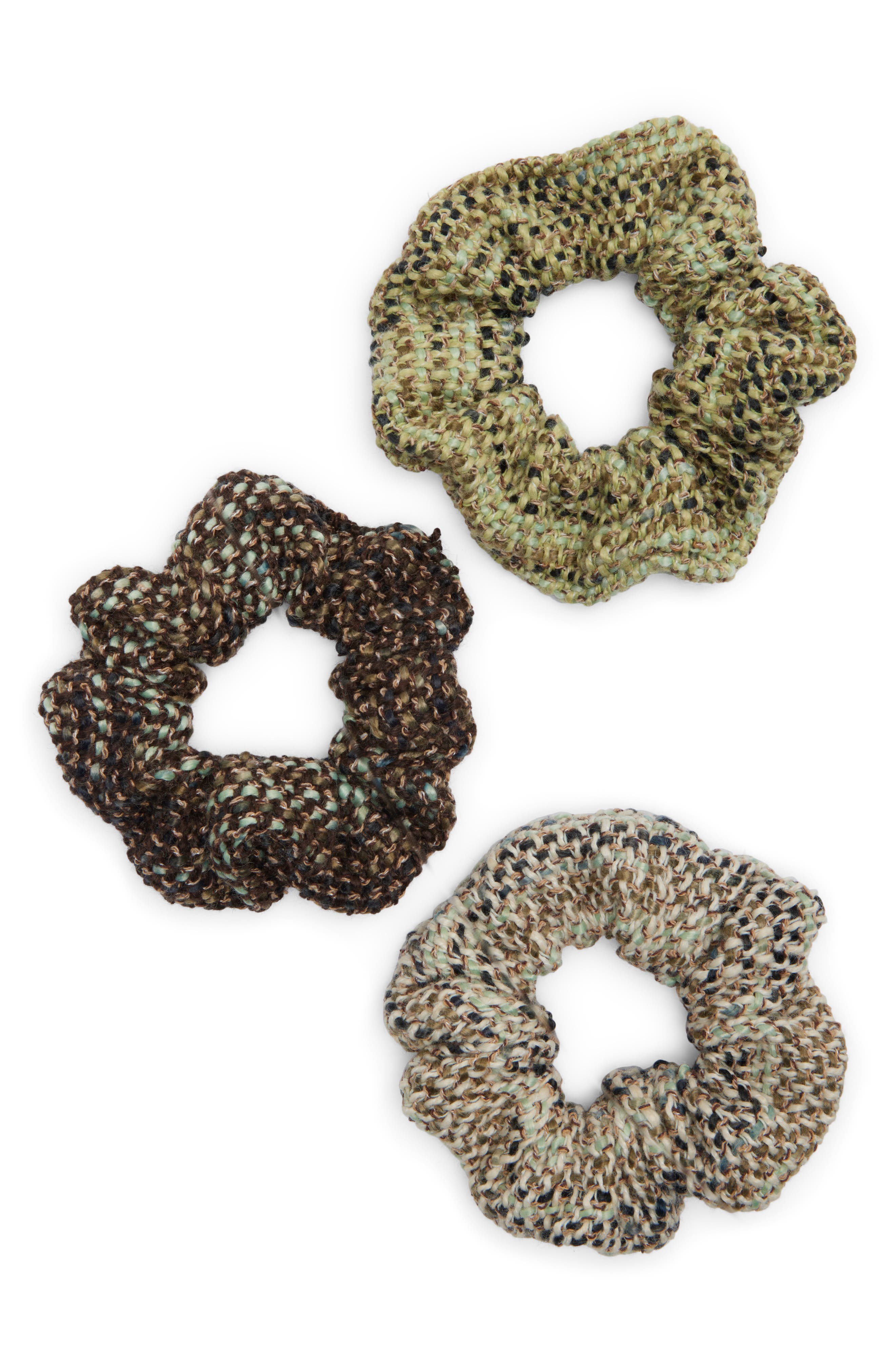 Tasha Assorted 3-Pack Tweed Scrunchies in Green/Blue Multi 