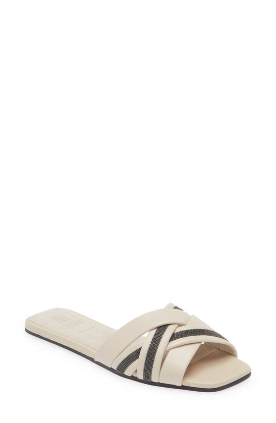Brunello Cucinelli Leather Monili Flat Slide Sandals In Ivory/ Black