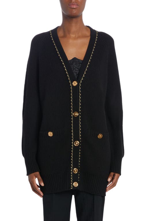 Versace Metallic Stitch Detail Wool Cardigan in 1B000 Black at Nordstrom, Size 8 Us