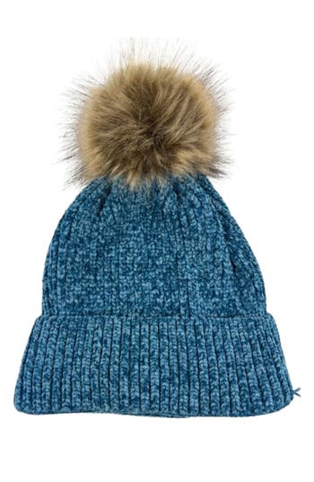 Marcus Adler Chenile Faux Fur Pompom Beanie In Blue