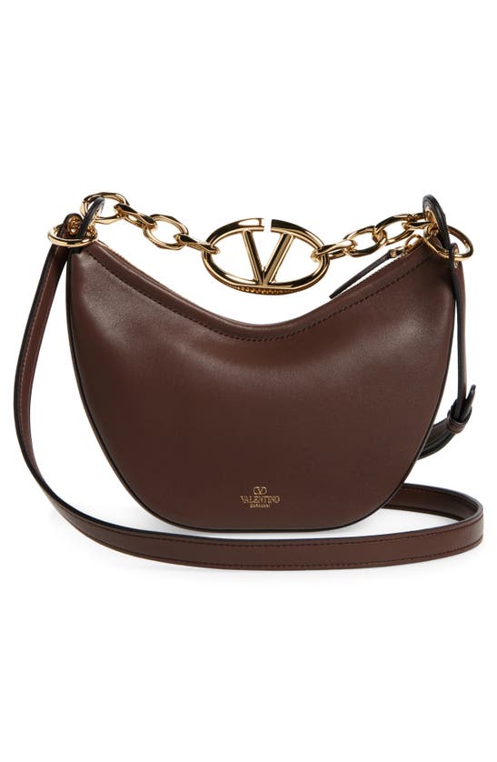 Shop Valentino Mini Vlogo Chain Handle Crescent Hobo Bag In 514 Cacao