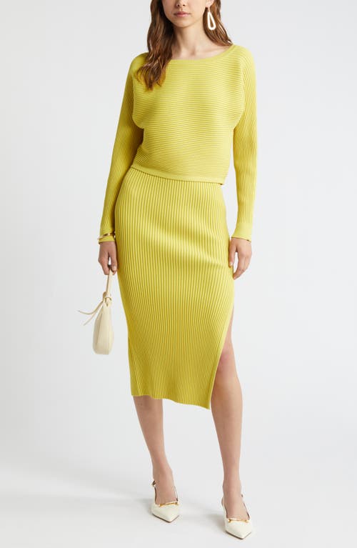 Open Edit Luxe Sculpt Rib Midi Skirt In Yellow Celery