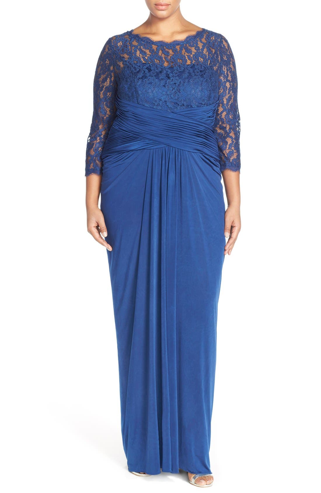 adrianna papell ruched jersey gown