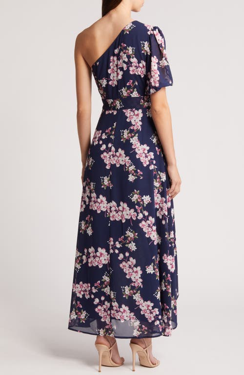 Shop Lulus Sensational Perfection Floral One-shoulder High-low Gown In Navy/pink