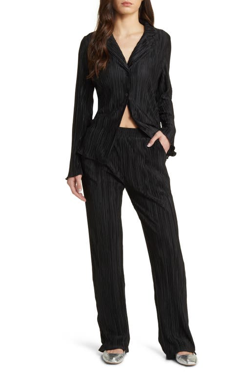Notched Collar Plissé Top & High Waist Pants Set in Black