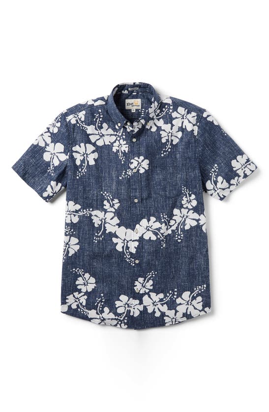 Shop Reyn Spooner 50th State Flower Tailored Fit Short Sleeve Button-down Shirt In Navy