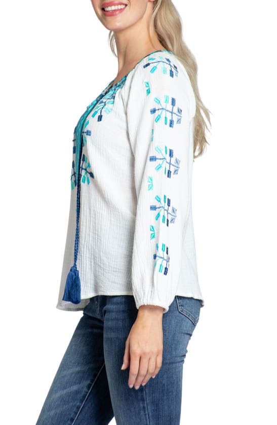 Shop Apny Embroidered Cotton Gauze Peasant Top In White Multi
