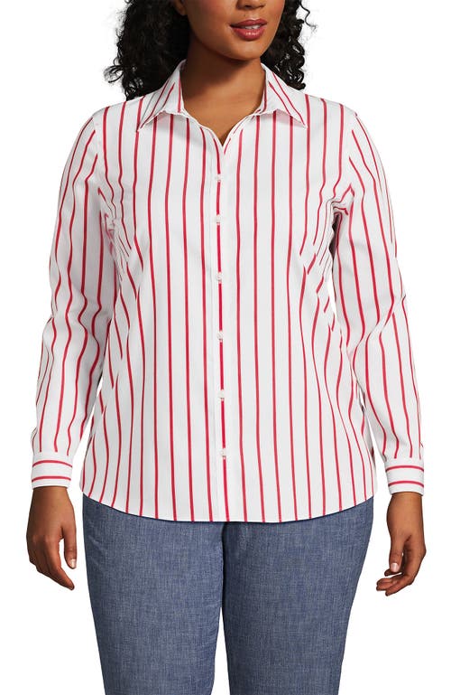 Shop Lands' End Plus Size No Iron Button Front Shirt In Compass Red Wide Stripe