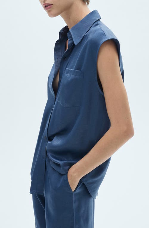 Shop Mango Hammered Satin Cap Sleeve Button-up Shirt In Blue