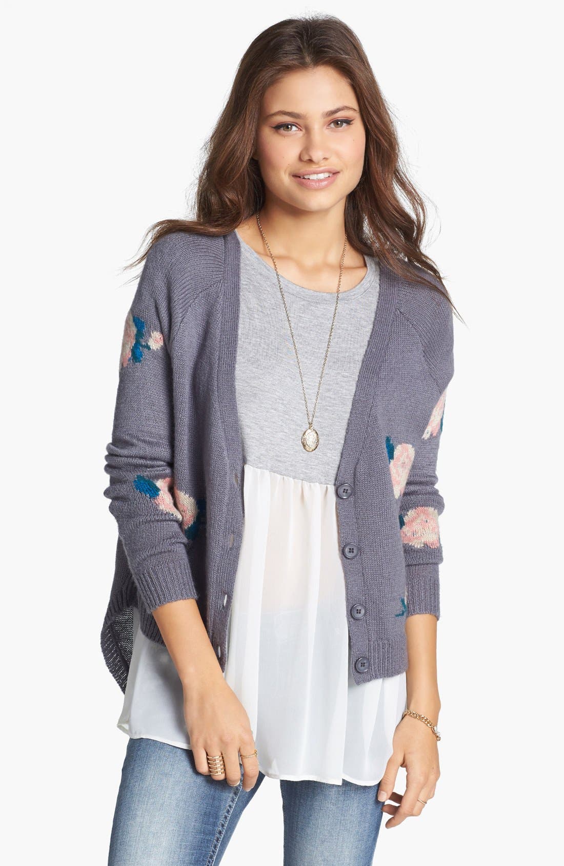 Love By Design Tie Back Floral High/Low Cardigan (Juniors) Nordstrom