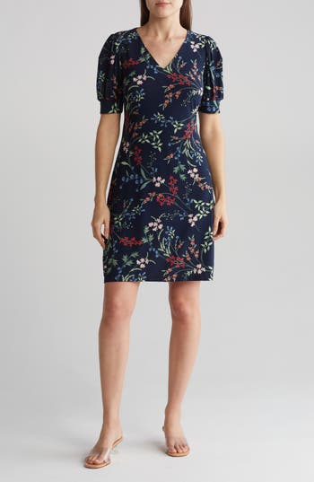 Tommy Hilfiger Puff Sleeve Floral Jersey Dress In Blue