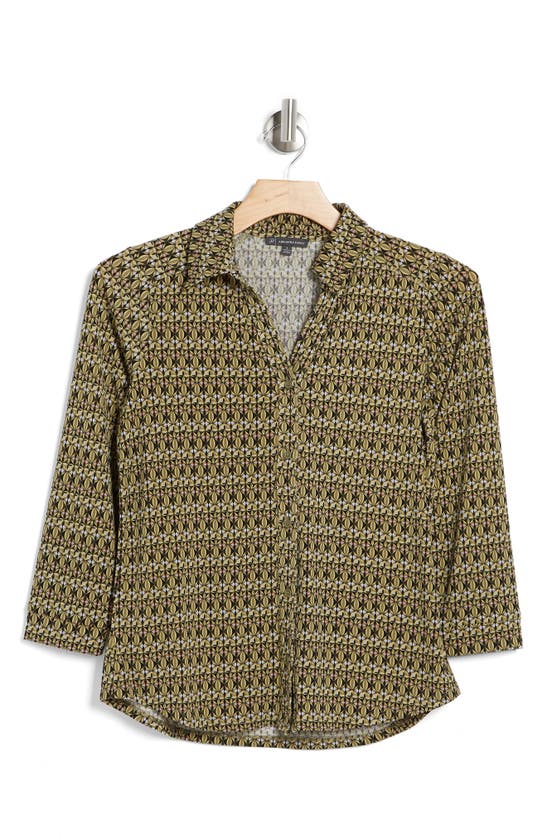 Adrianna Papell Moss Crepe Button Front Shirt In Green Khali Geo