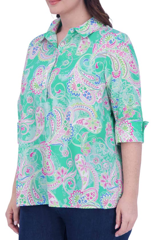 Shop Foxcroft Therese Paisley Cotton Split Back Popover Shirt In Green Multi