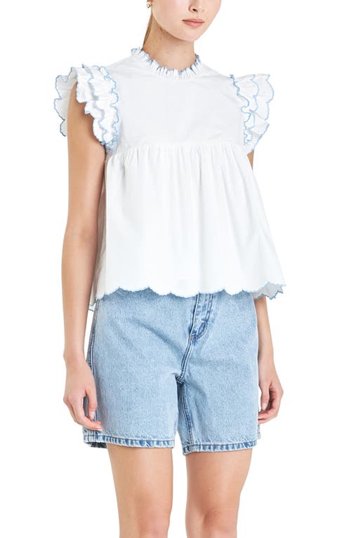 English Factory Scallop Ruffle Cotton Top In White