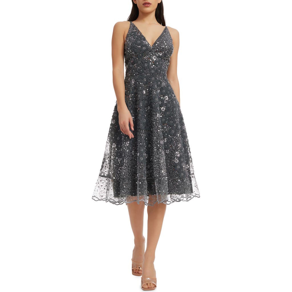 DRESS THE POPULATION DRESS THE POPULATION ELISA SEQUIN FLORAL LACE COCKTAIL MIDI DRESS