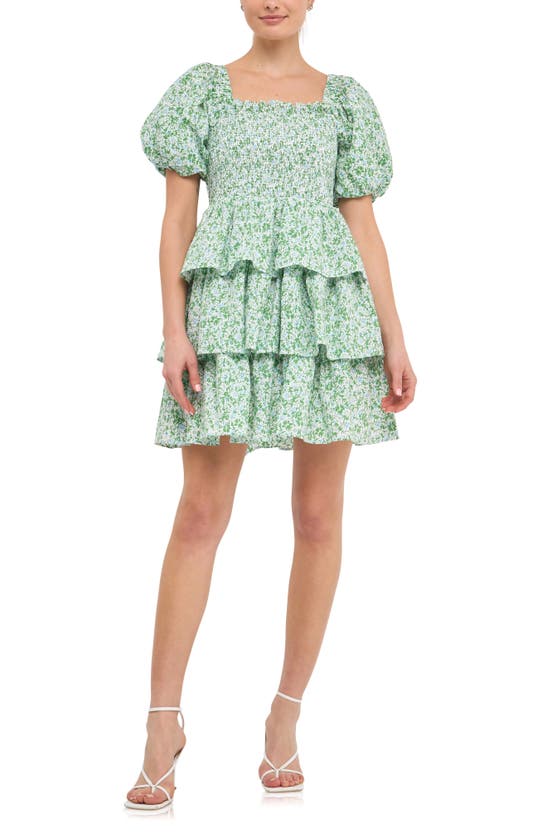 Free The Roses Crinkled Floral Linen Smocked Tiered Mini Dress In Green