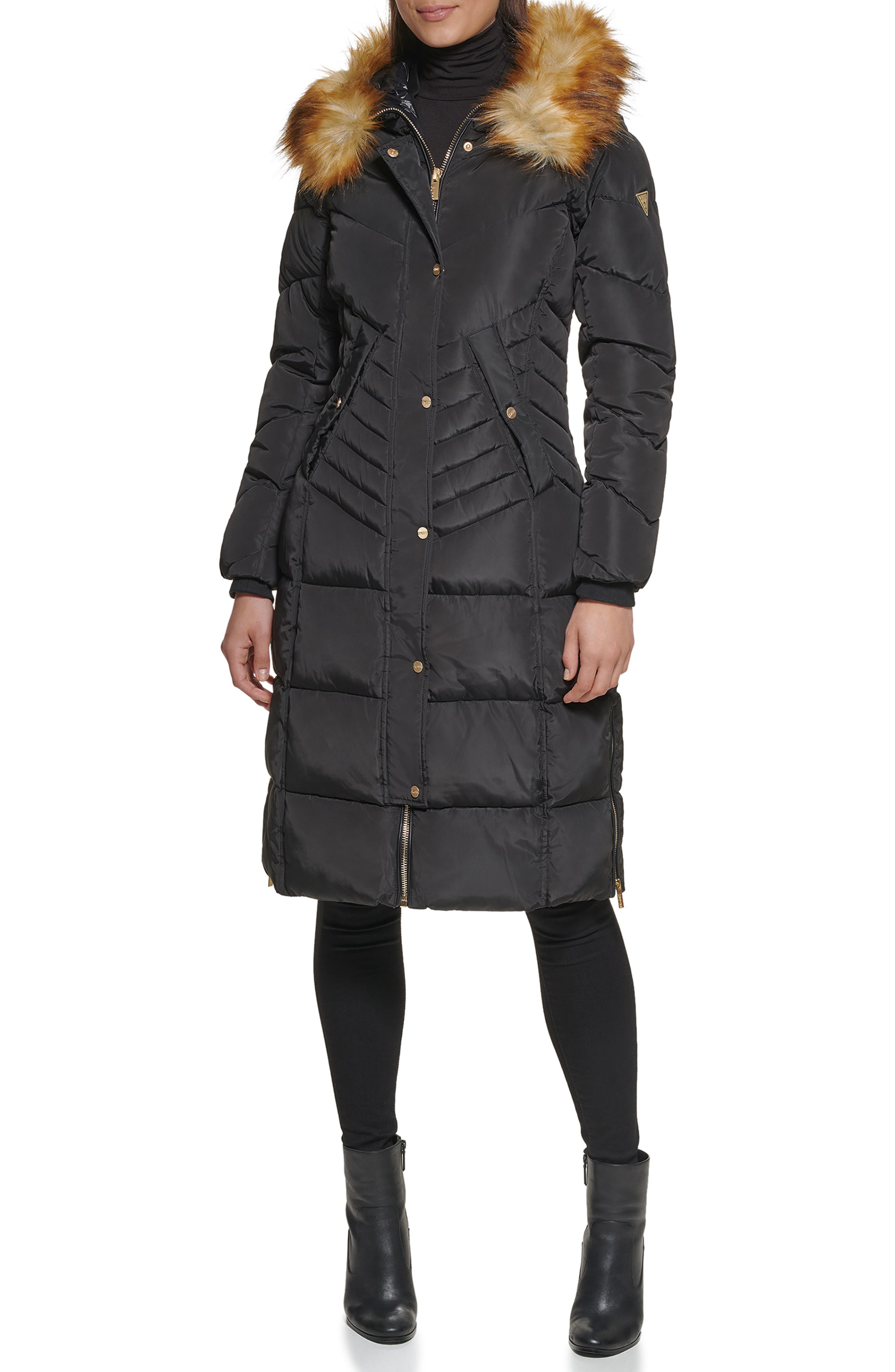 guess puffer coat with faux fur hood