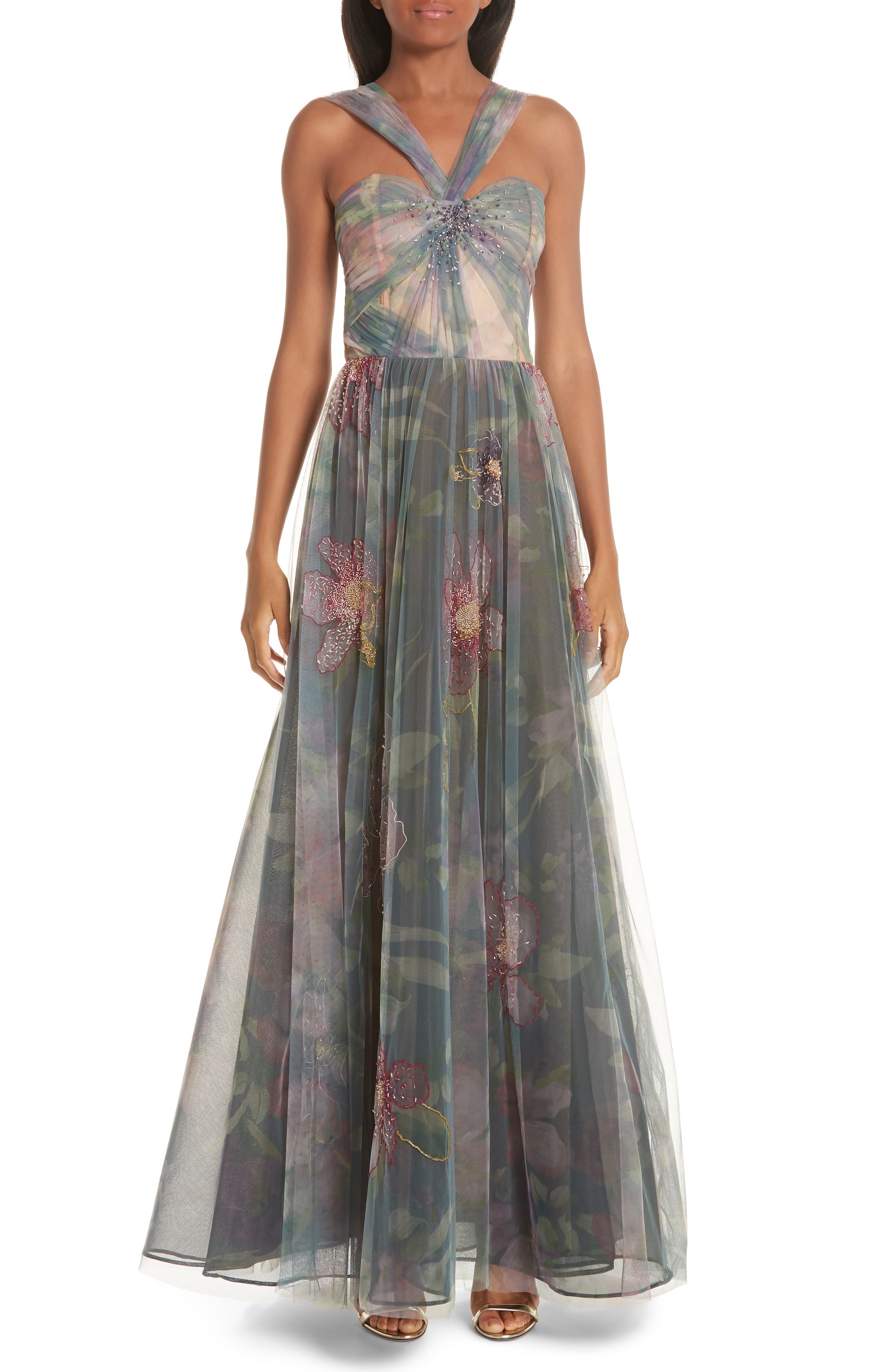 Patbo Beaded Floral Evening Dress, US / 44 BR - Blue