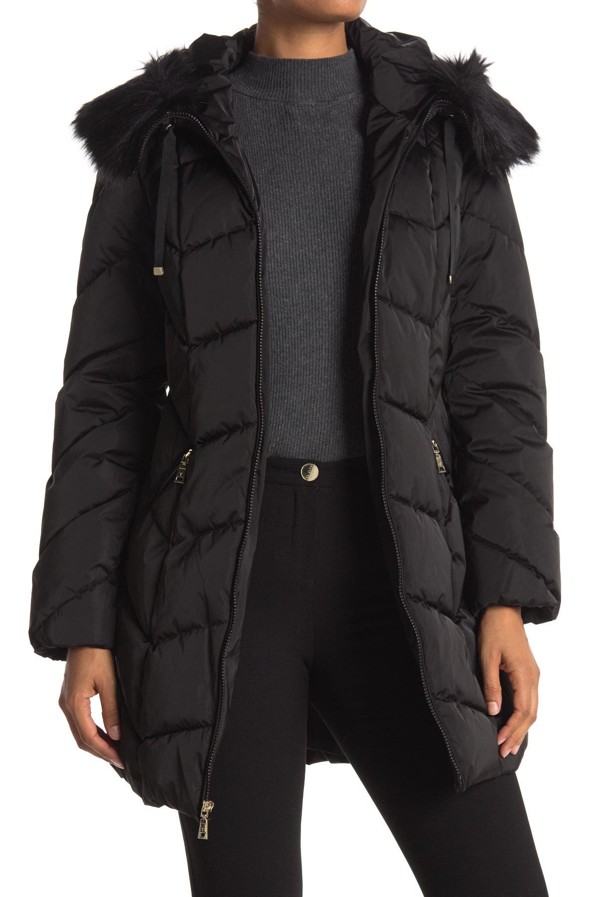 tahari faux fur trim puffer coat