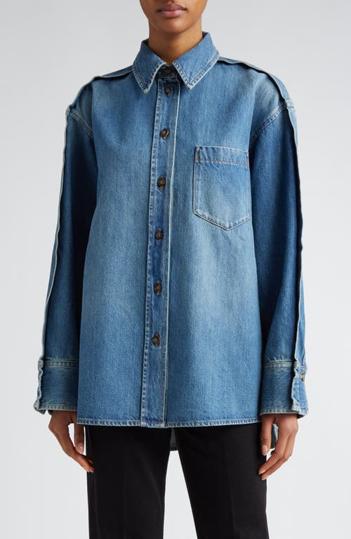 Oversize Pleated Cotton Denim Button-Up Shirt in Vintage Wash Mid