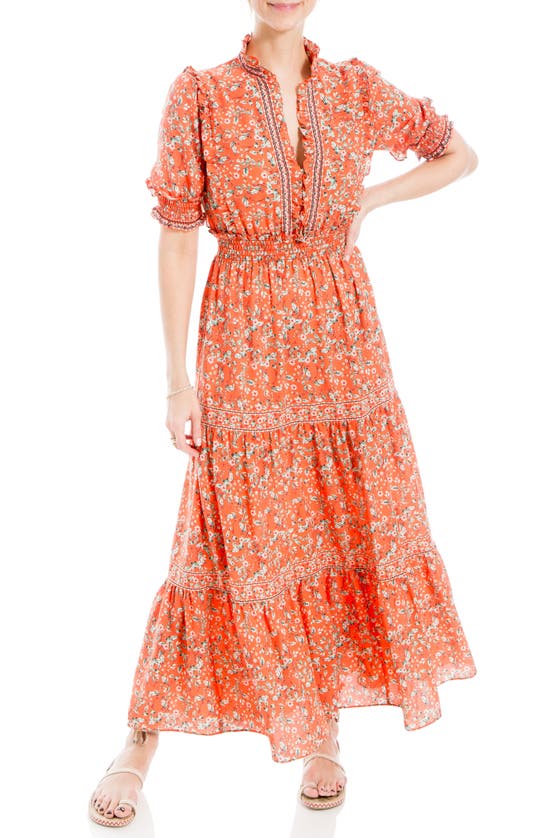 Max Studio Maxi Dress In Papaya/ Leafy Cherry Blossoms