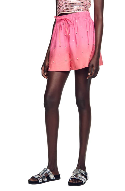 Shop Sandro Season Embellished Cotton Drawstring Shorts In Pink/orange