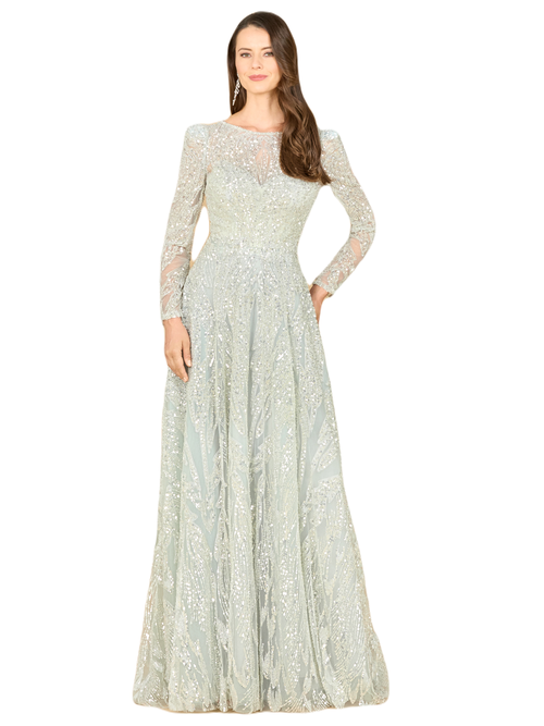 Lara New York Long Sleeve Beaded Lace Gown In Frost