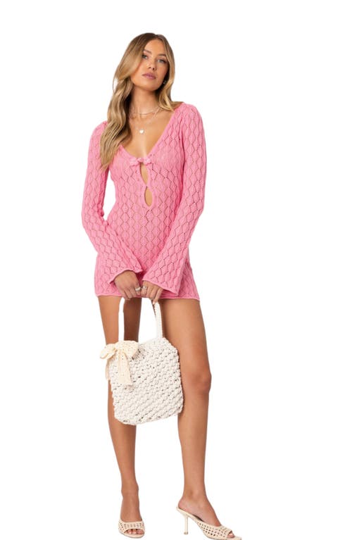 Shop Edikted Brie Cutout Long Sleeve Crochet Cover-up Minidress In Pink