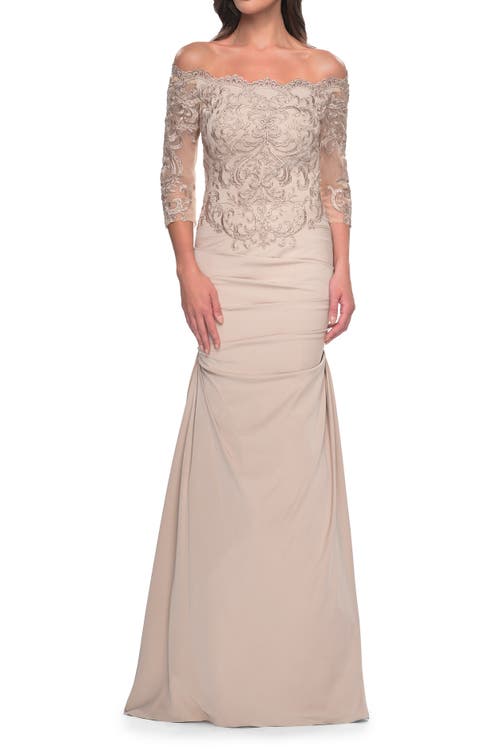La Femme Satin Mermaid Gown With Off The Shoulder Lace Bodice In Light Gold