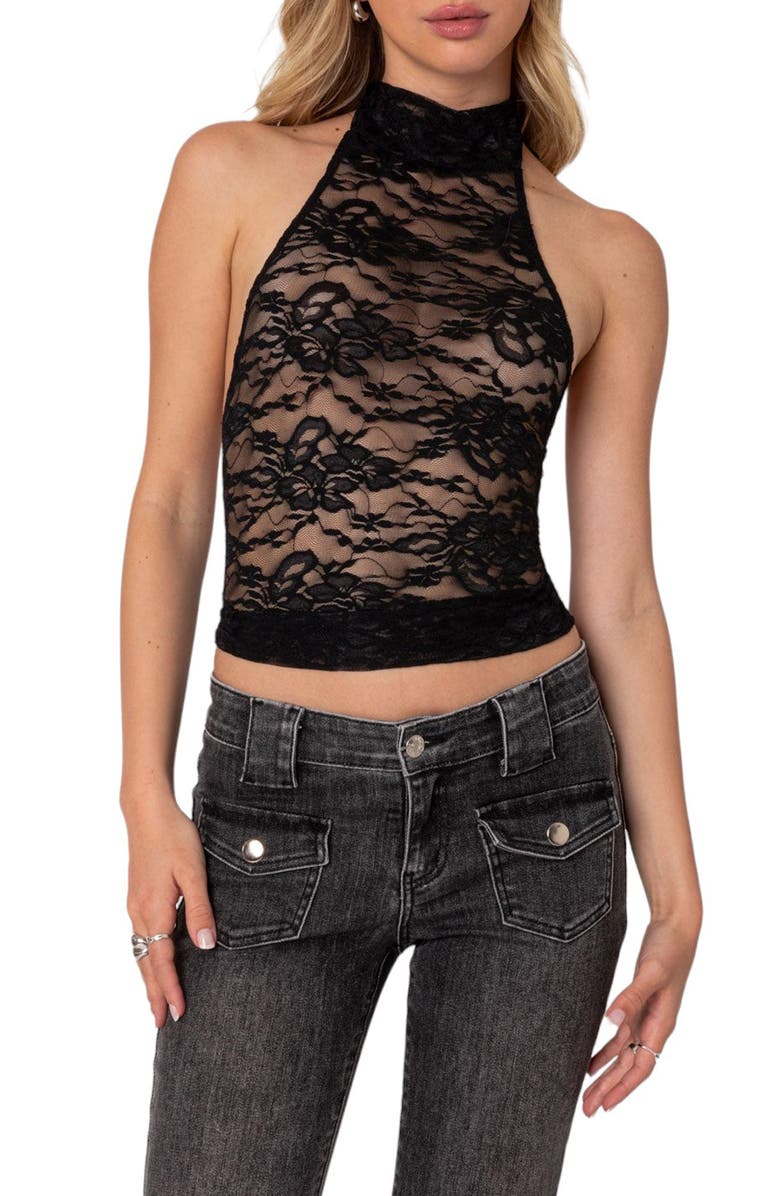 EDIKTED Alena Sheer Lace Halter Top | Nordstrom