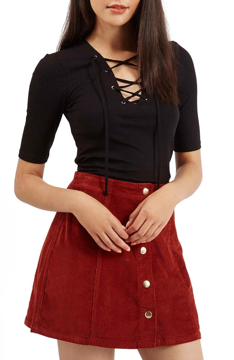 TOPSHOP Lace-Up Short Sleeve Crop Top, Main, color, BLACK