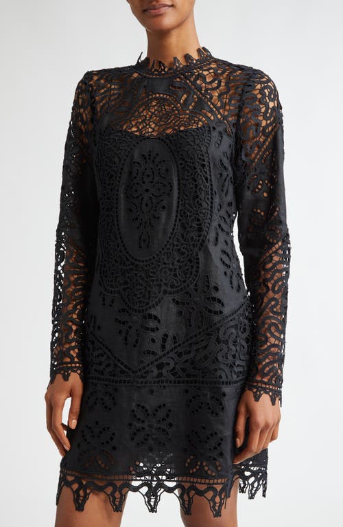 Shop Ulla Johnson Eleni Long Sleeve Linen Lace Dress In Noir