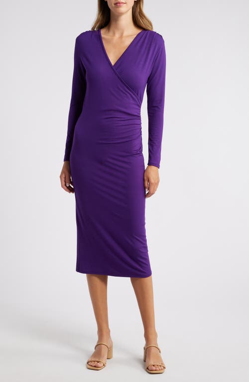 Shop Loveappella Long Sleeve Faux Wrap Midi Dress In Dark Purple