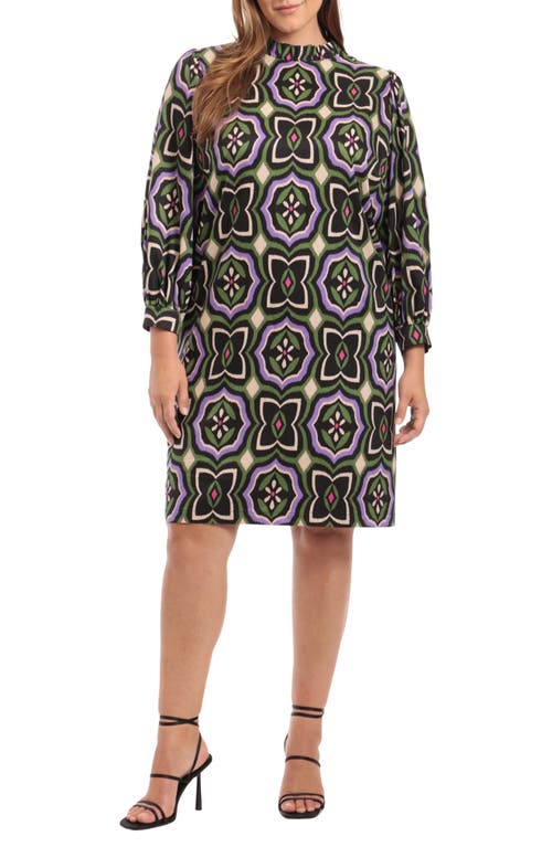 Abstract Print Balloon Sleeve Shift Dress in Black/Purple Orchid