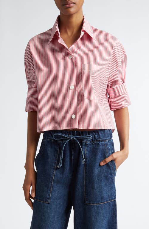 Next Ex Pinstripe Crop Button-Up Shirt in Red /White