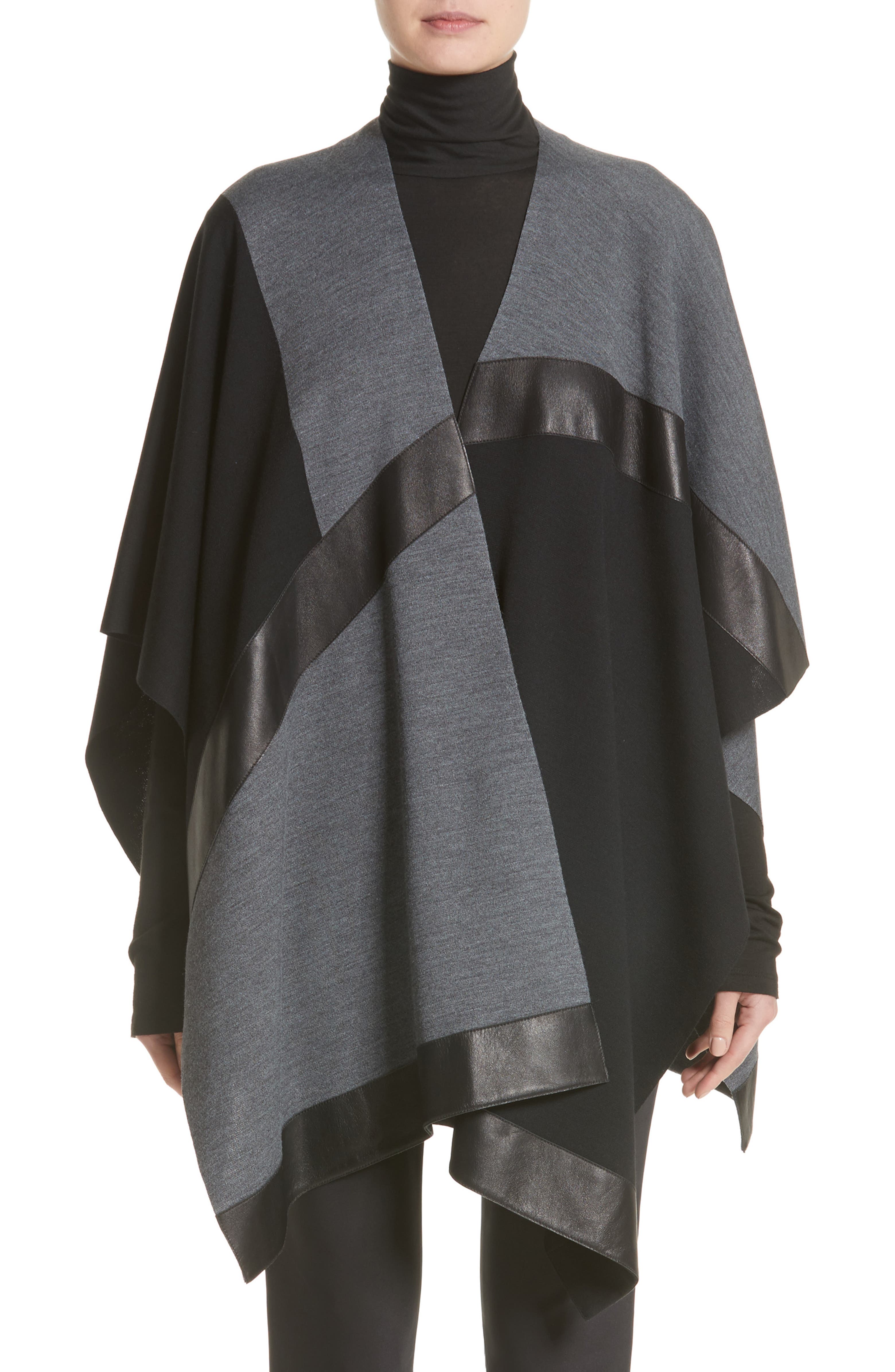 St. John Collection Leather Trim Intarsia Knit Poncho | Nordstrom
