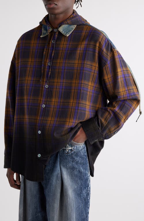 Shop Acne Studios Flannel & Denim Hooded Button-up Shirt In Purple/brown