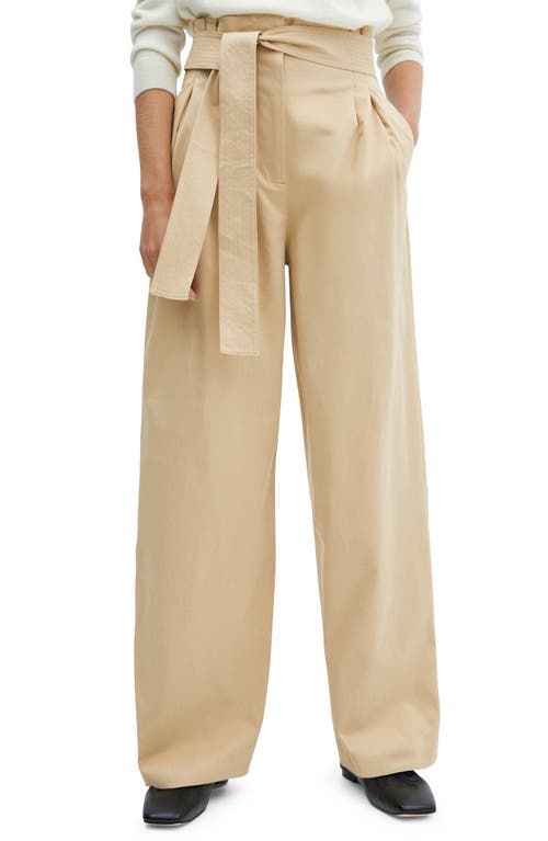 MANGO Belted Paperbag Waist Wide Leg Trousers in Beige at Nordstrom, Size 4