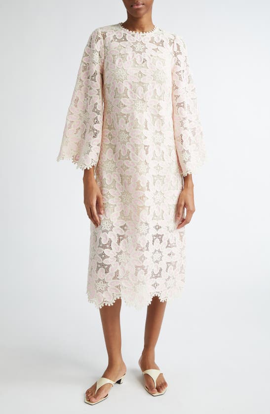 Shop Zimmermann Ottie Long Sleeve Guipure Lace Cotton Blend Midi Dress In Cream/ Pink