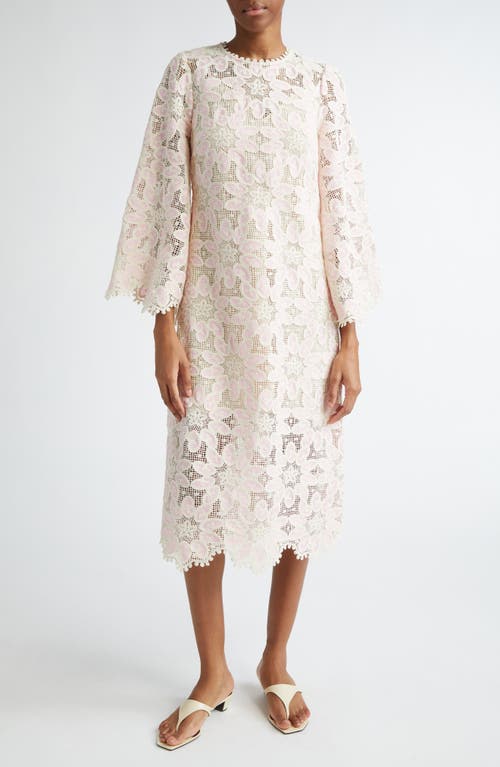 Shop Zimmermann Ottie Long Sleeve Guipure Lace Cotton Blend Midi Dress In Cream/pink