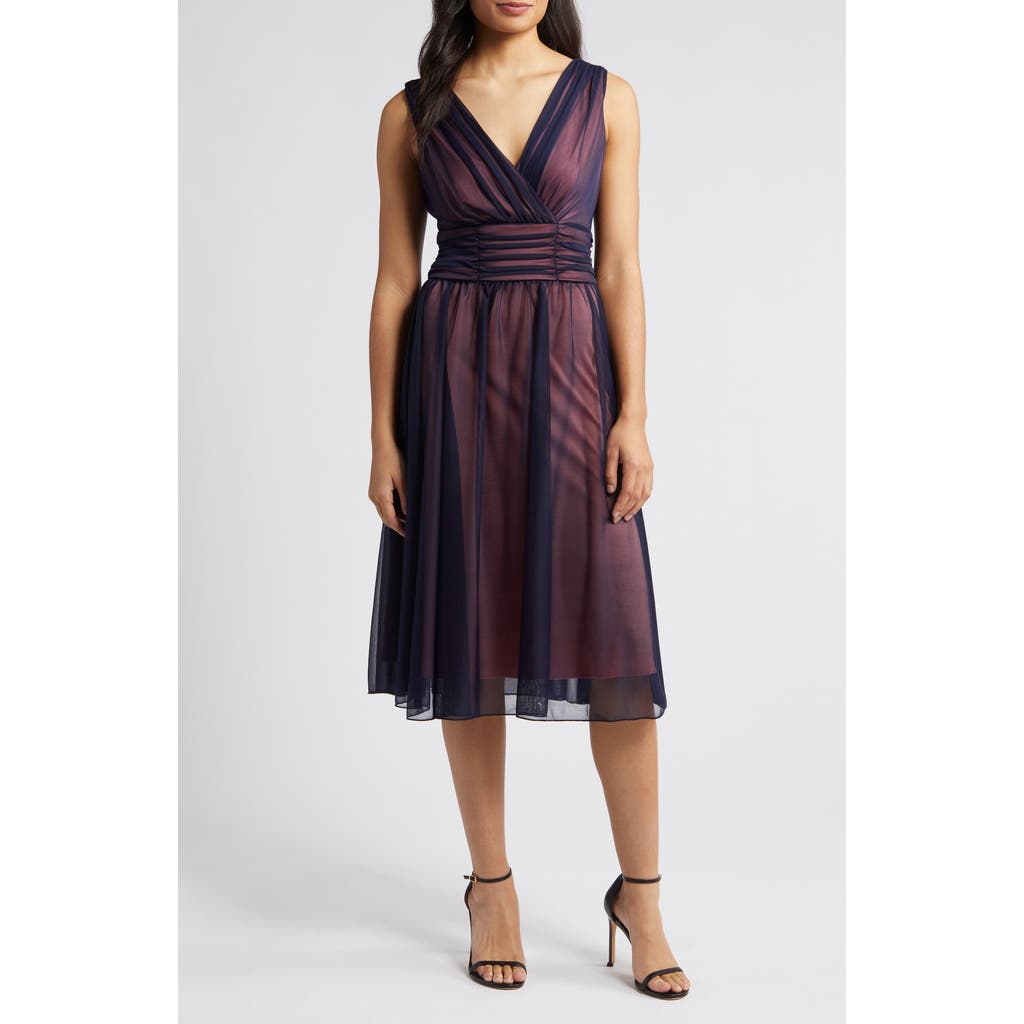 Connected Apparel Chiffon Overlay Fit & Flare Dress In Navy/salmon