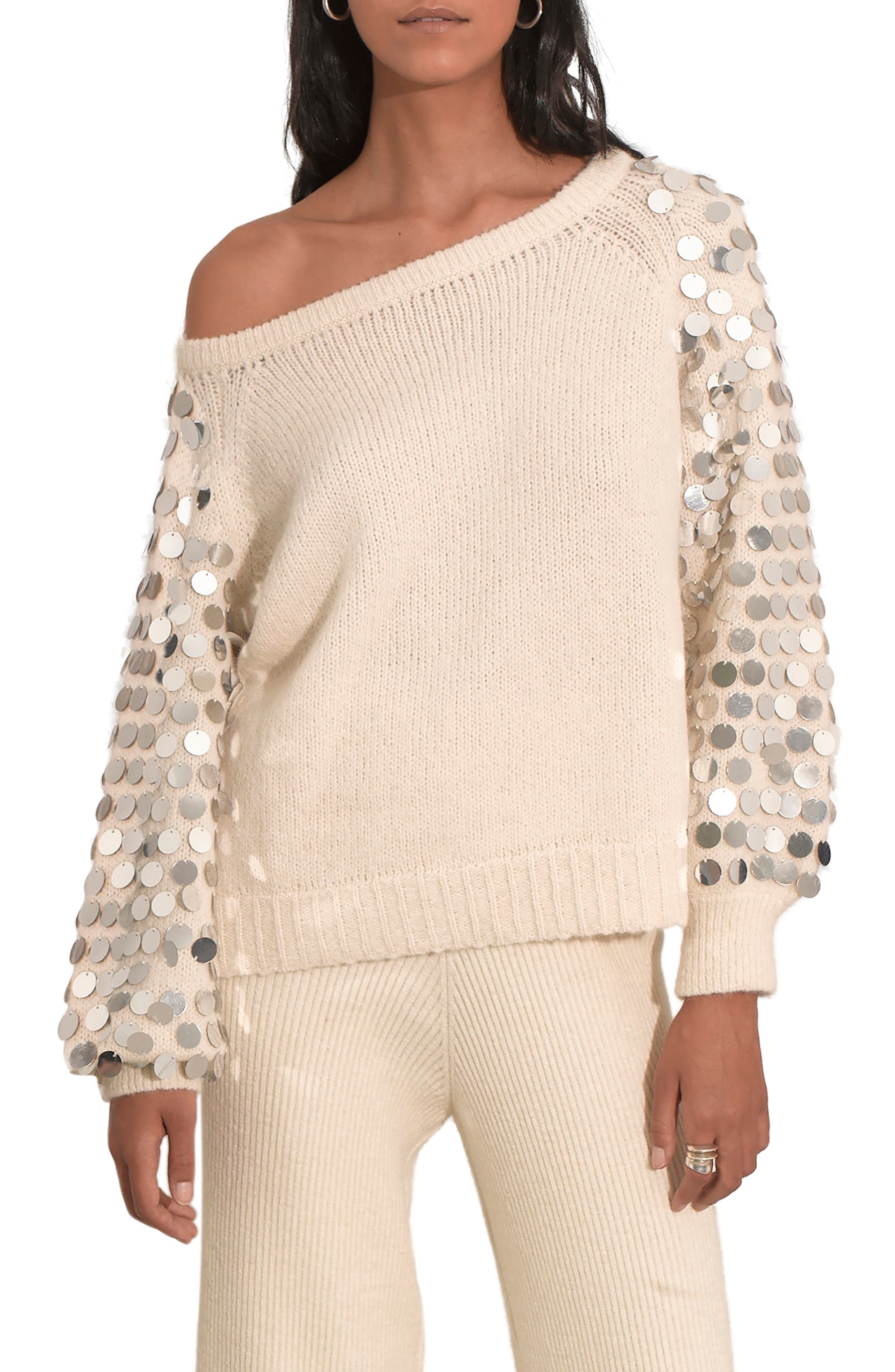 Eleven Six Sadie Embellished Baby Alpaca Blend One Shoulder Sweater in Ivory W/Silver Sequins at Nordstrom
