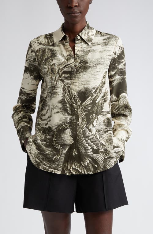 Oceanscape Print Silk Button-Up Shirt in Cream/Deep Olive