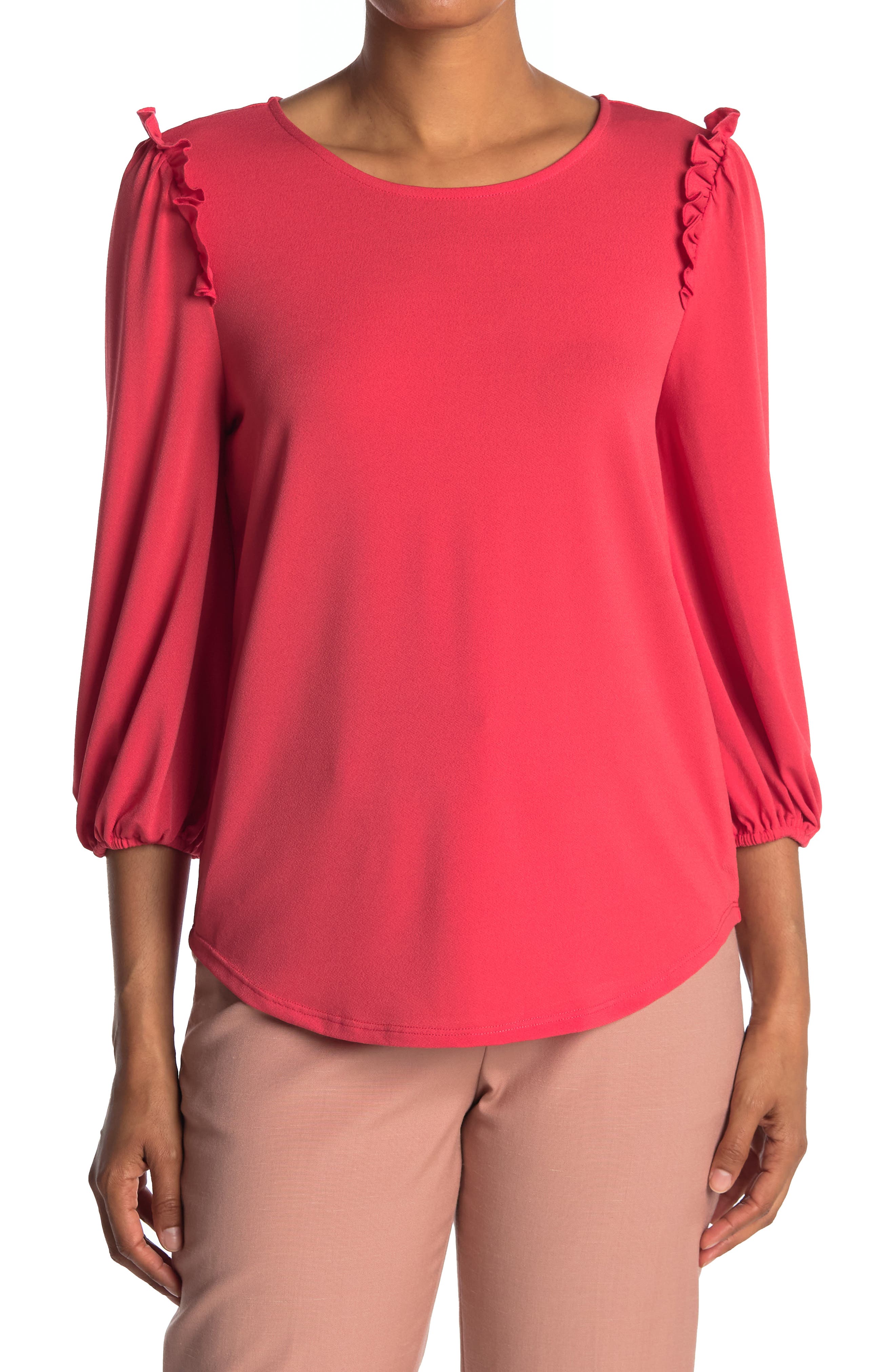 Adrianna Papell Moss Crepe Ruffle Long Sleeve Blouse In Sweetguava