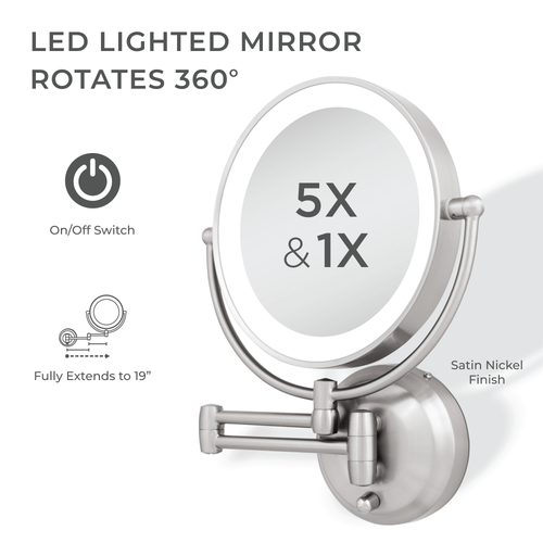 Zadro Lighted Wall Mounted Makeup Mirror With 5x/1x Magnification & Extendable Arm In Satin Nickel