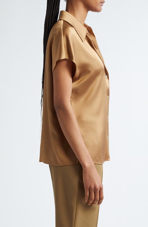 Shop Vince Cap Sleeve Gathered Back Short Sleeve Silk Button-up Shirt In Light Nile