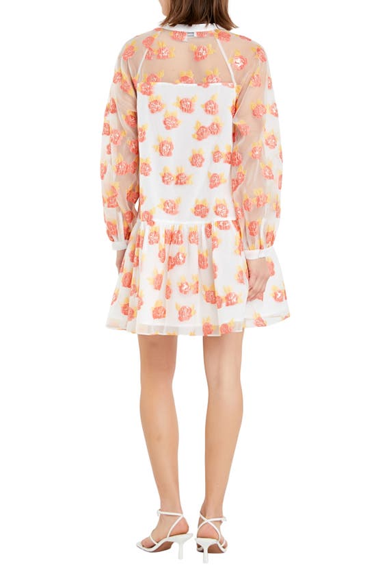 Shop English Factory Floral Button Front Long Sleeve Organza Minidress In Orange