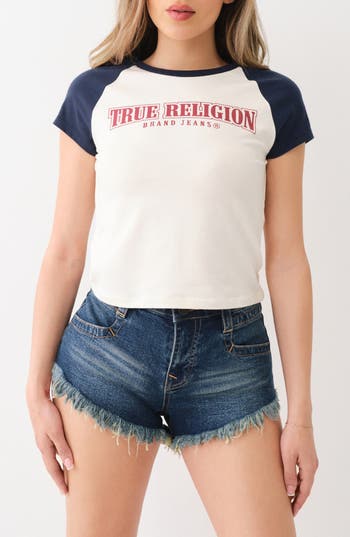 True Religion Brand Jeans Colorblock Cotton Graphic Baby Tee In White