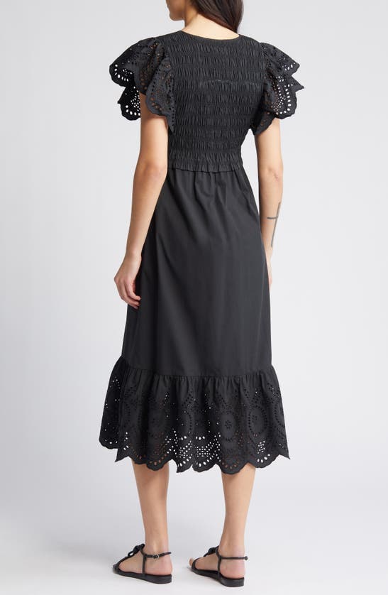 Shop Rails Clementine Eyelet Smocked Cotton Blend Midi Dress In Black Eyelet
